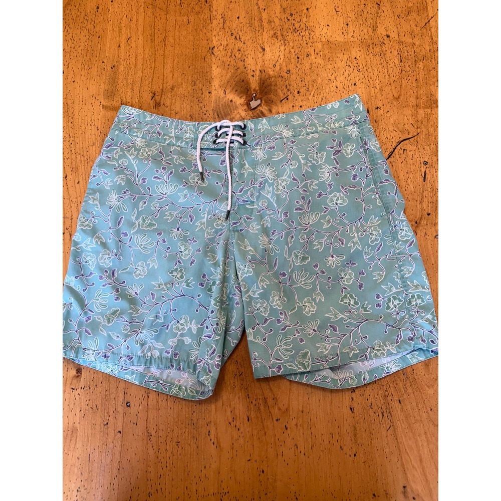 Faherty Brand Board Shorts Size 32 Teal Floral Print Swim Trunks Recycled Fabric